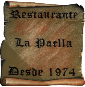Cartel pintado de un pergamino del restaurante la paella